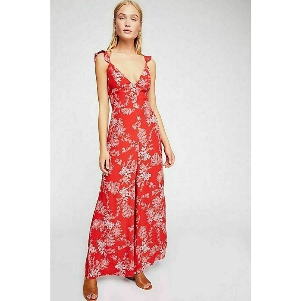 Free People Be the One Floral Wide Leg Jumpsuit EUC Red Combo Size 4